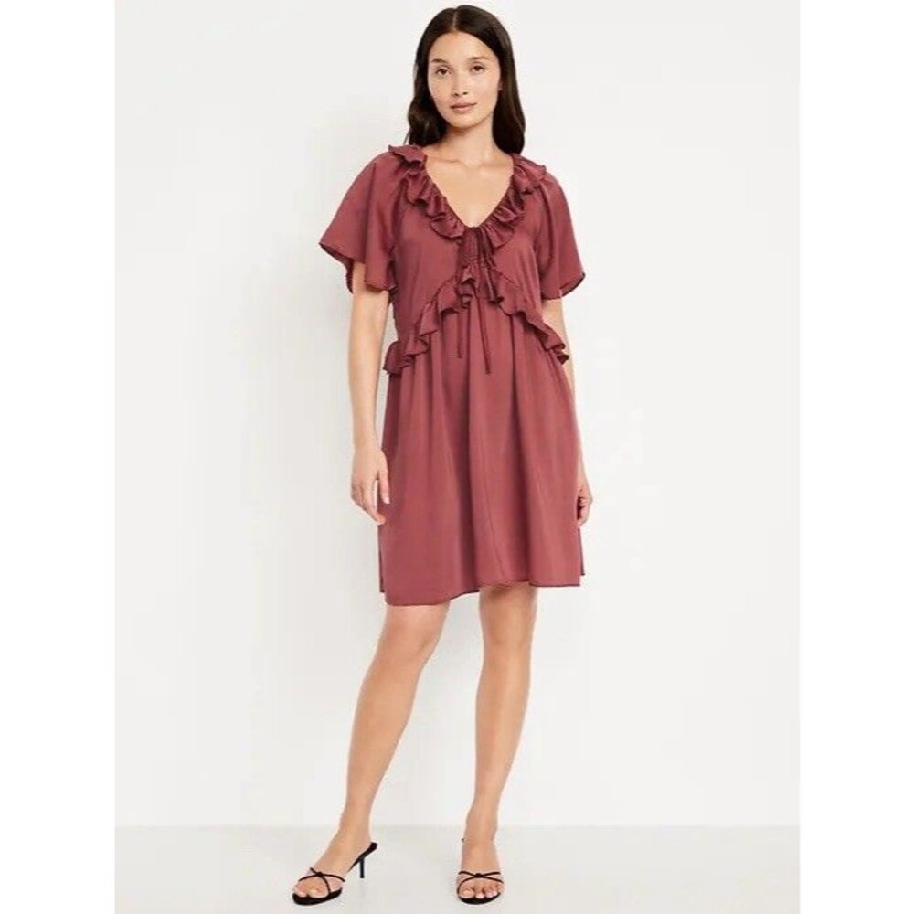 Old Navy Women’s Satin Ruffle Mini Dress Medium Burgundy Romantic Feminine Fairy